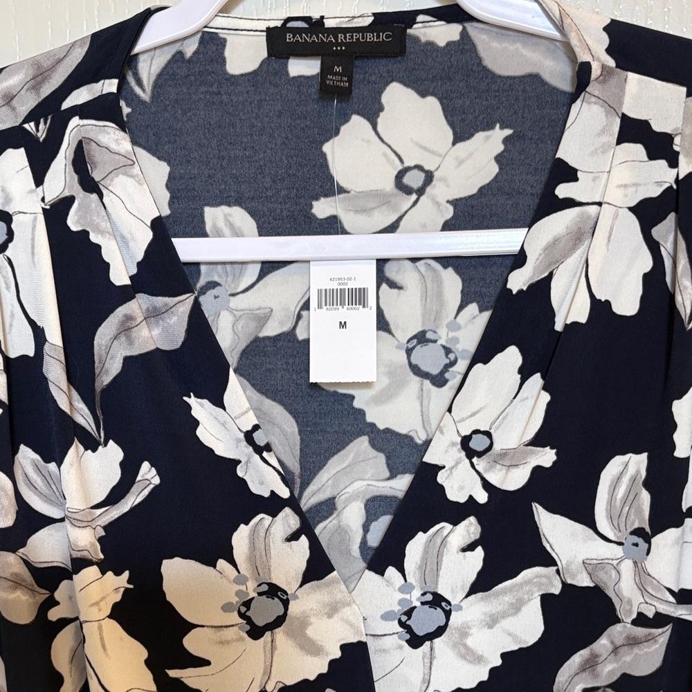 Banana Republic Navy Floral Wrap-Style Long Sleeve Blouse